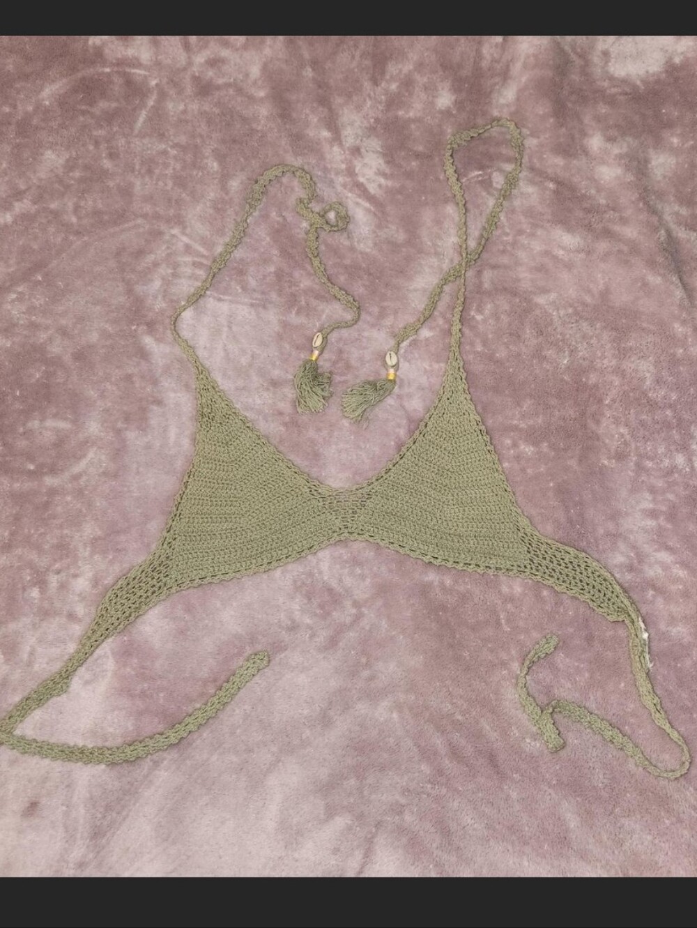 Knit Triangle Halter Crop Top With Seashell Tassel - Sage Green